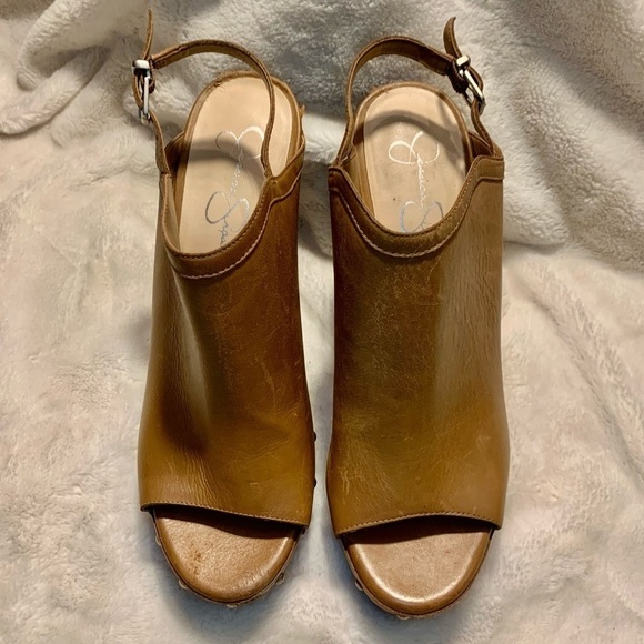Jessica Simpson Pumps Sz 9.5 Daine Leather Tan Camel Open-Toe High Heels Straps - Picture 3 of 16